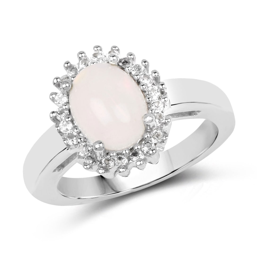 Plated 14KT White Gold 1.33ct Opal and White Topaz Ring: 9×7?mm Ethiopian opal (1.00?ctw) centers this 14K white gold–plated .925 sterling silver floral ring, accented by twenty?two 1.30?mm round white topaz stones (0.33?ctw) for a total of 1.33?ctw acro