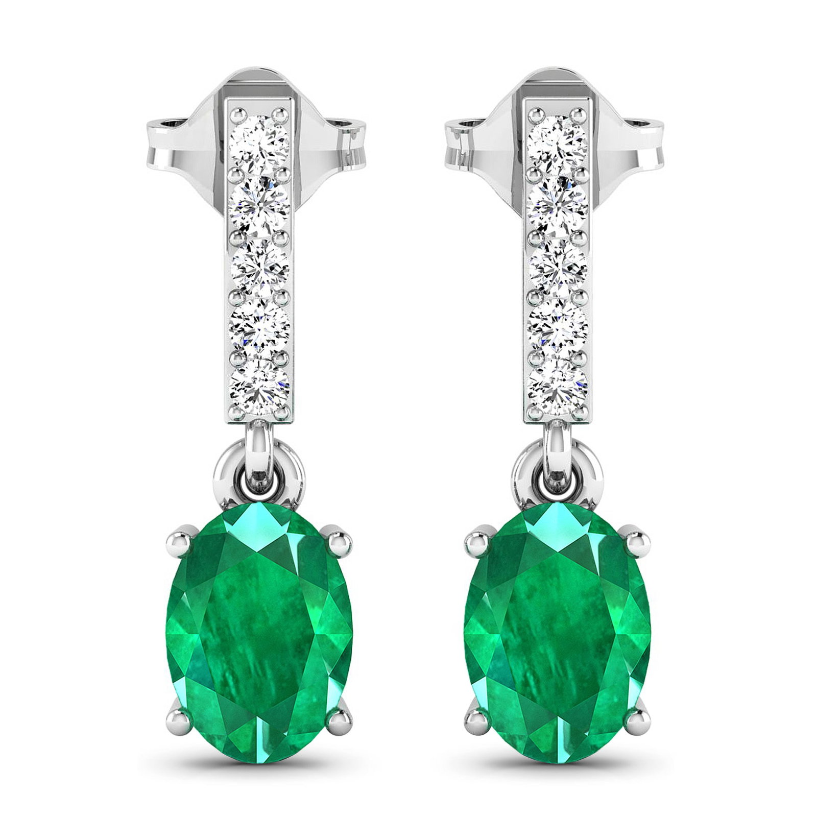 14KT White Gold 1.12ctw Zambian Emerald and Diamond Earrings: Zambian Emerald (AA) Oval 7x5mm - 2Pcs + White Diamond F/C Round 1.50mm - 10Pcs ( Push-Post ) ( I1-I2/I color ) Total weight of gemstones is 1.12cts. Total Diamond weight is 0.14cts. Total weight of