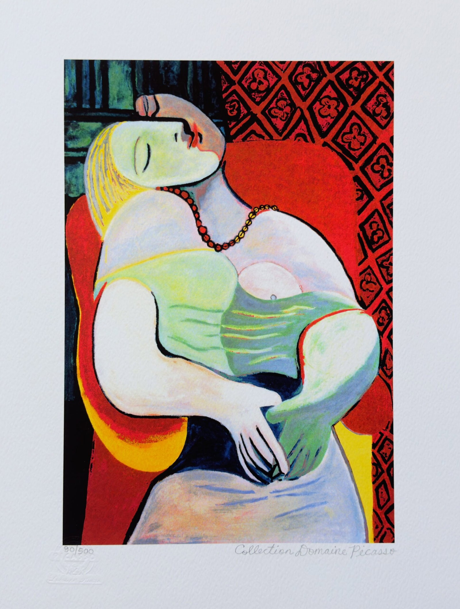 Pablo Picasso THE DREAM Estate Signed Limited Edition Giclee: This is a PABLO PICASSO (ESTATE COLLECTION DOMAINE) (1881-1973) small giclee titled THE DREAM. This piece is pencil signed on the lower right as Collection Domaine Picasso and has an embossed seal