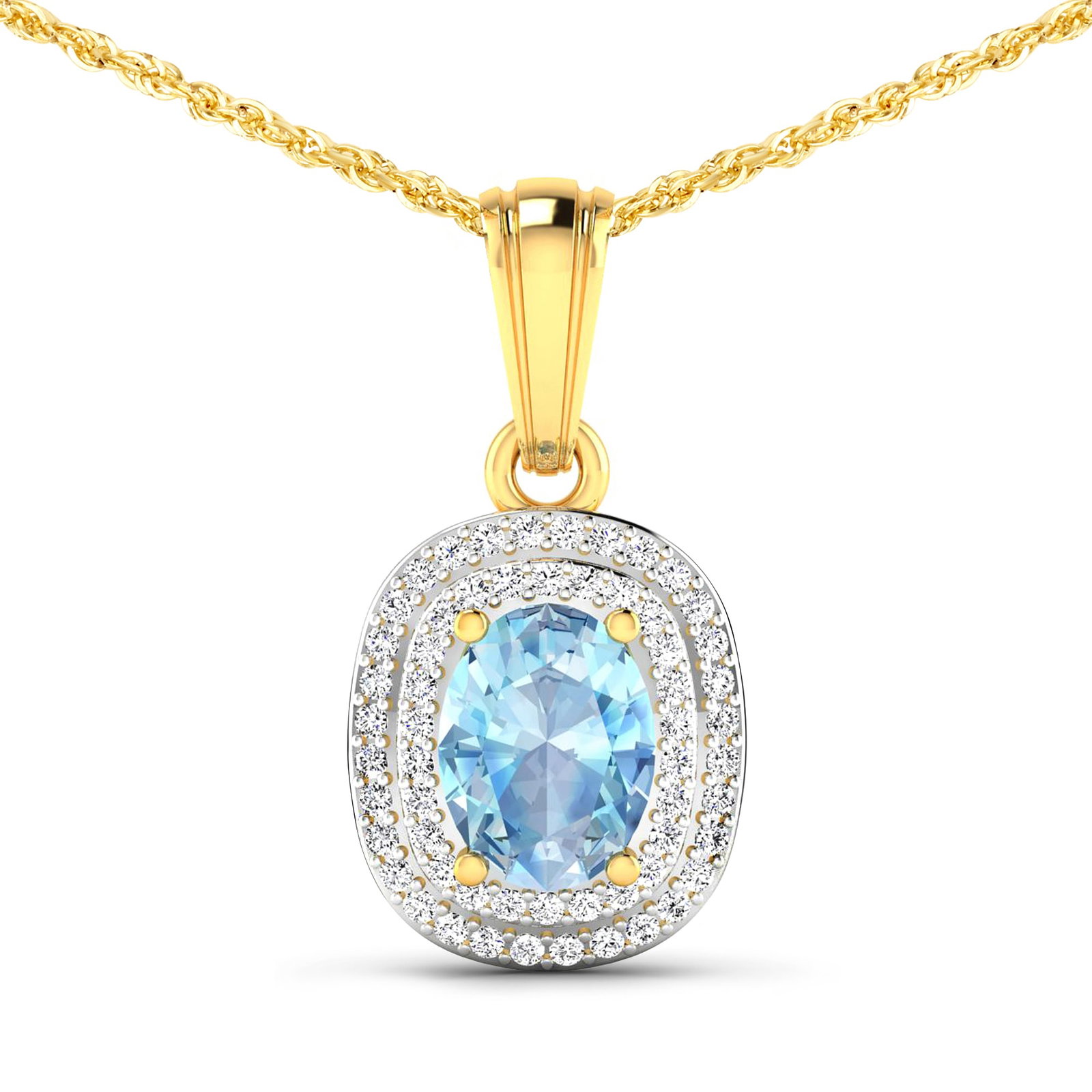 14KT Yellow Gold 0.96ct Aquamarine and Diamond Pendant with Chain: (1) Oval Aquamarine stone with a total weight of 0.96cts. (58) round Diamonds with a total weight of 0.26cts with a color of (i) and a clarity of i1-i2. Total weight of this pendant with chain is 2.77