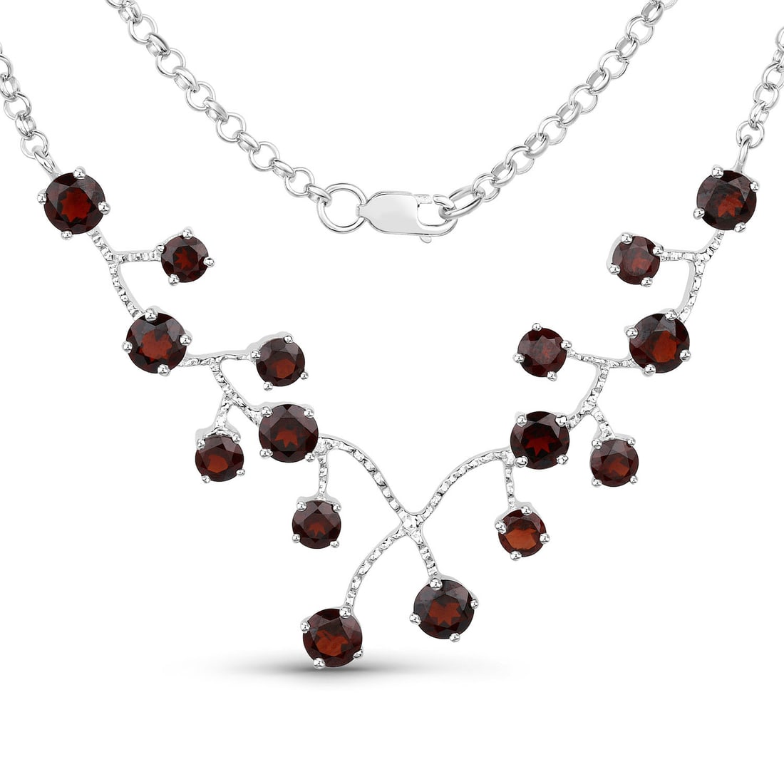 Sterling Silver 7.20ctw Garnet Necklace: Rhodium?plated .925 sterling silver garnet necklace offers impressive presence with a gross weight of 9.51 grams and a total natural gemstone weight of 7.20 carats. The design features sixteen untreat