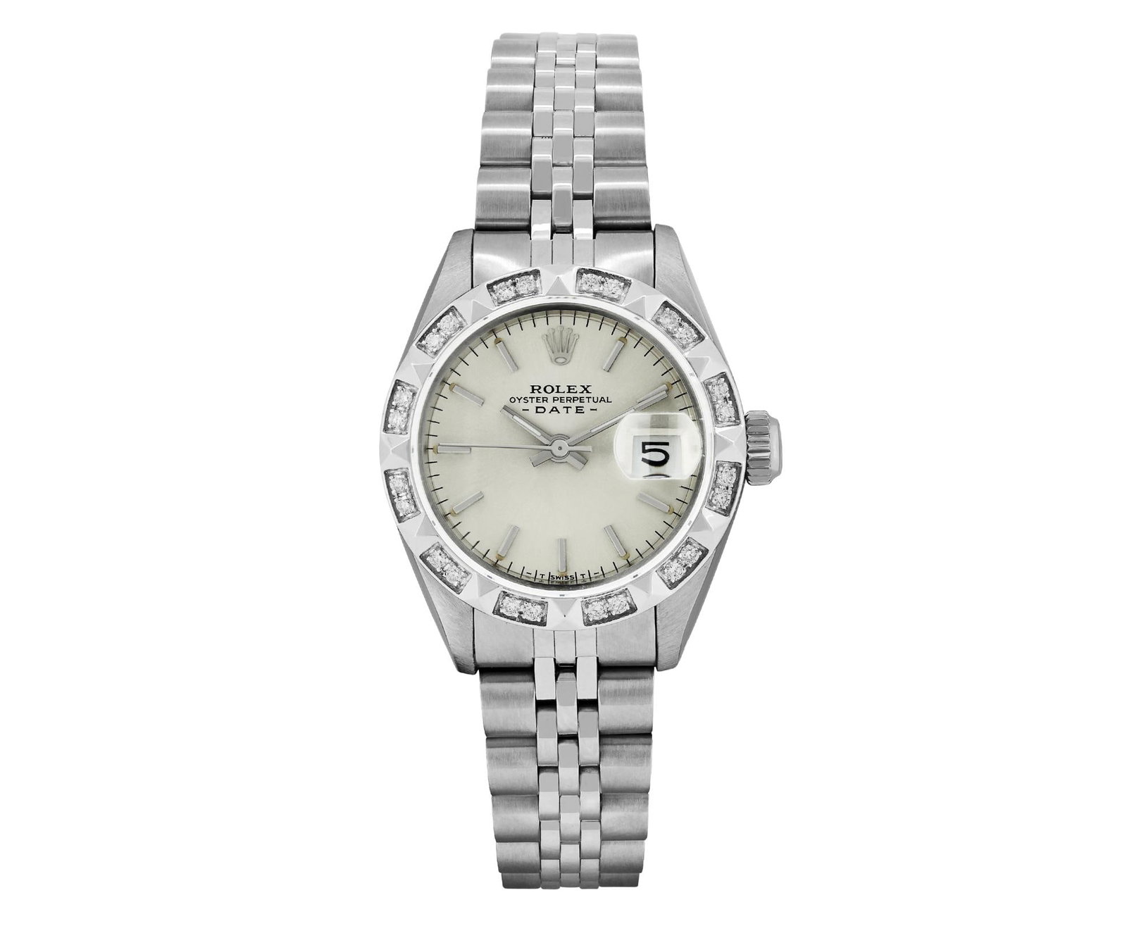 Rolex Ladies Stainless Steel Pyramid Diamond Bezel Date Watch (1 of 9)