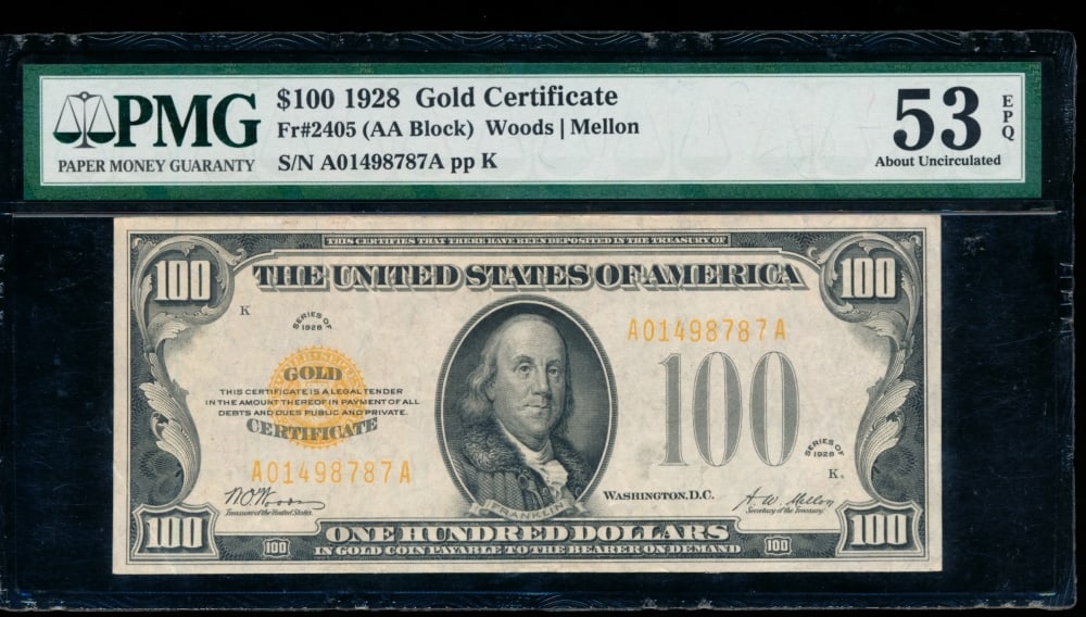 1928 $100 Gold Certificate PMG 53EPQ (1 of 2)