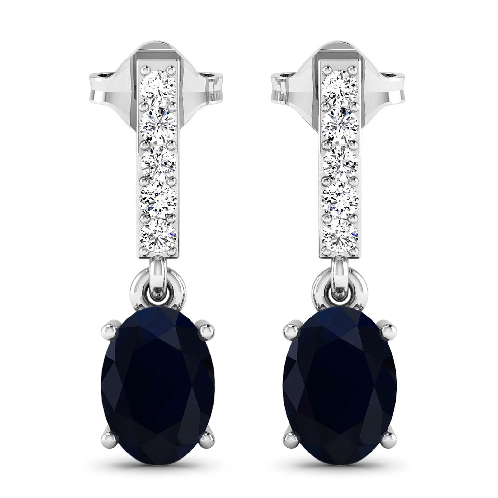 14KT White Gold 1.5ctw Blue Sapphire and Diamond Earrings: Blue Sapphire (AA) Oval 7x5mm - 2Pcs + White Diamond F/C Round 1.50mm - 10Pcs ( Push-Post ) ( I1-I2/I color ) Total weight of gemstones is 1.5cts. Total Diamond weight is 0.14cts. Total weight of thes