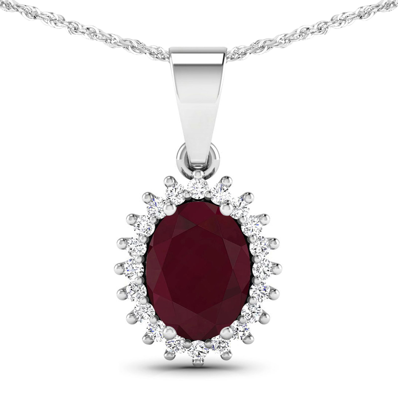 14KT White Gold 1.5ctw Ruby and Diamond Pendant: Ruby (AA) Oval 8x6mm - 1Pc + White Diamond F/C Round 1.10mm - 20Pcs (I1-I2/I color) Total weight of gemstone is 1.5cts. Total Diamond weight is 0.13cts. Total weight of this pendant is 1.54 grams.