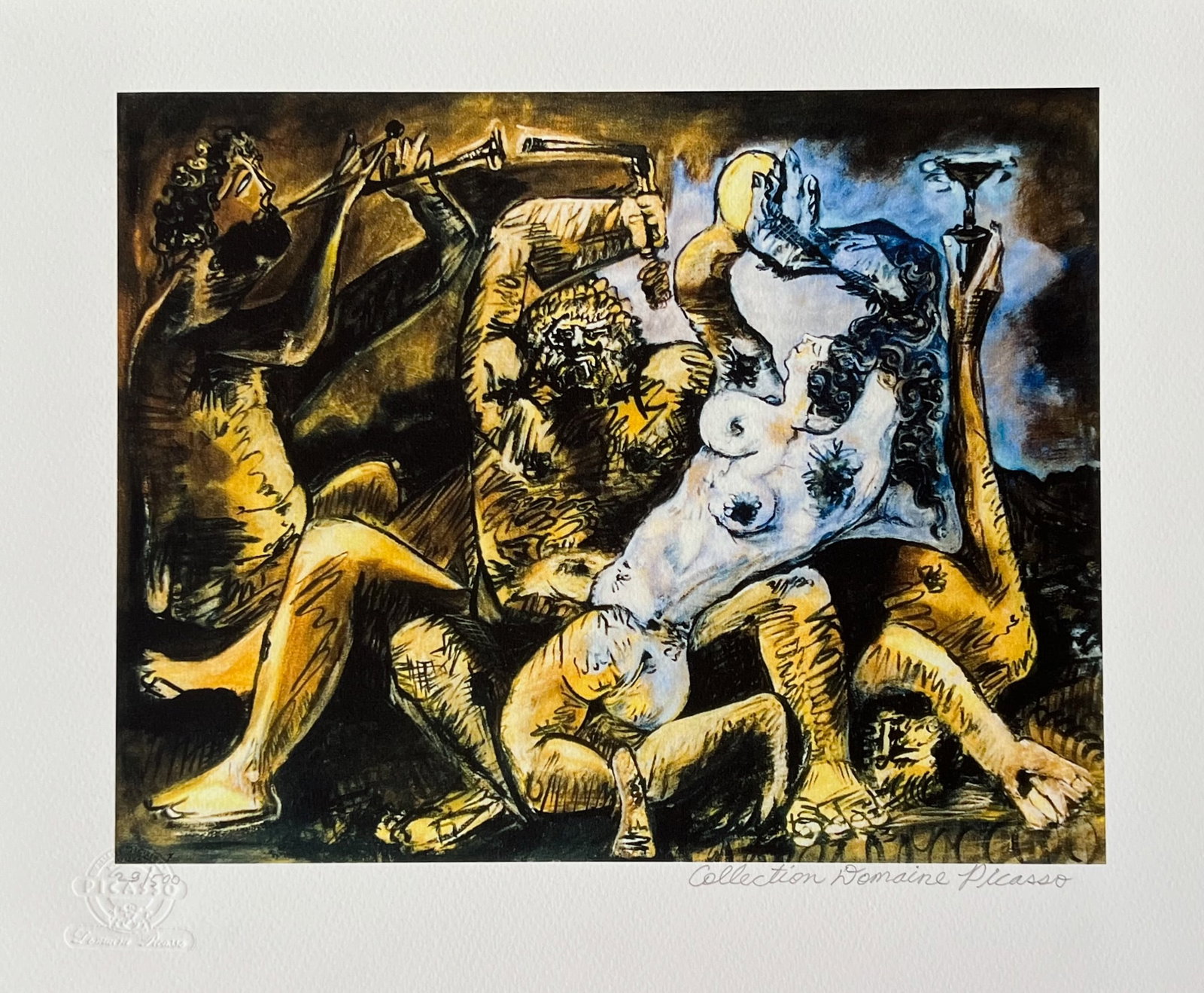 Pablo Picasso BACCHANAL Estate Signed Limited Edition Giclee: This is a PABLO PICASSO (ESTATE COLLECTION DOMAINE) (1881-1973) small giclee titled BACCHANAL. This piece is pencil signed on the lower right as Collection Domaine Picasso and has an embossed seal sta