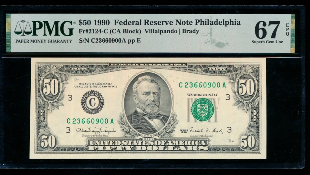 1990 $50 Philadelphia FRN PMG 67EPQ (1 of 2)