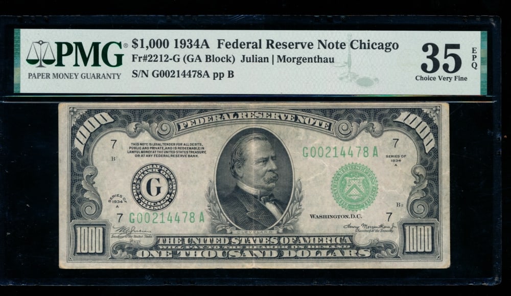 1934A $1000 Chicago FRN PMG 35EPQ: One 1934A $1000 Chicago FRN PMG 35EPQ.