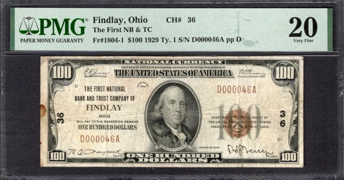 1929 $100 Findlay OH National PMG 20 (1 of 2)