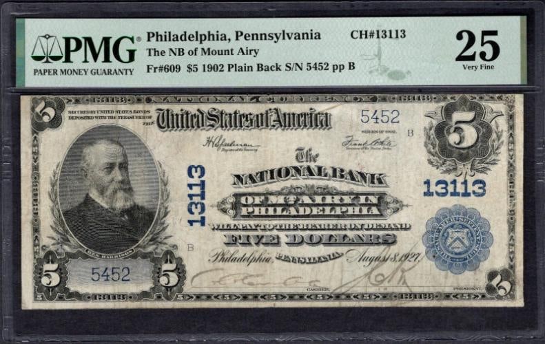 1902 $5 Philadelphia PA National PMG 25 (1 of 2)