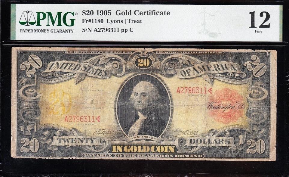 1905 $20 Technicolor Gold Certificate PMG 12 (1 of 2)