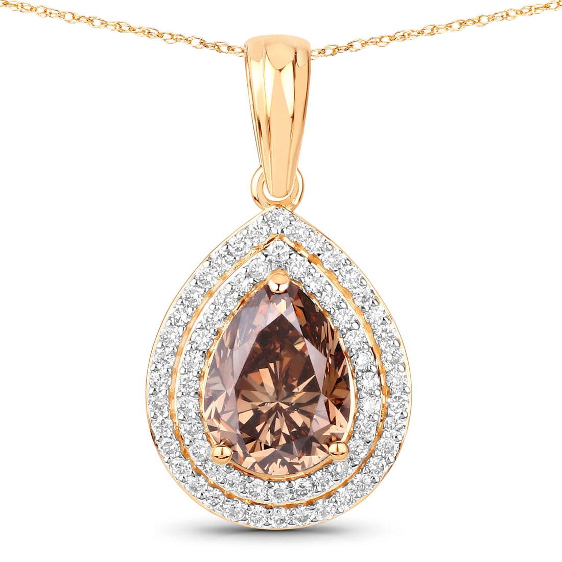 18KT Yellow Gold 2.01ct Brown Diamond Pendant with Chain: Crafted in radiant 18K yellow gold, this statement pendant centers on a captivating natural brown diamond in an elongated pear cut. The primary stone measures 9.10 × 6.20 mm and weighs a remarkable 2