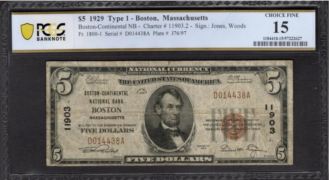 1929 $5 Boston MA National PCGS 15 (1 of 2)