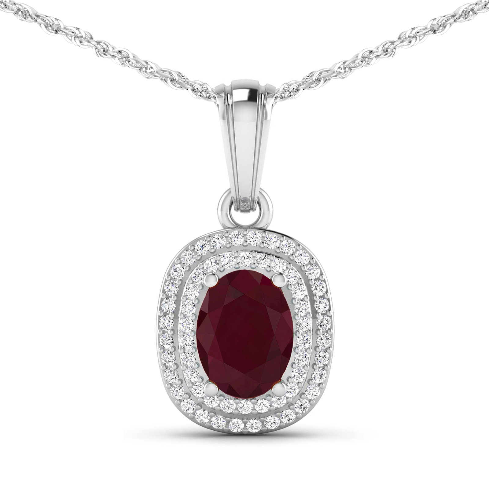 14KT White Gold 1.5ct Ruby and Diamond Pendant with Chain: (1) Oval Ruby with a total weight of 1.50cts. (58) round Diamonds with a total weight of 0.26cts with a color of (i) and a clarity of i1-i2. Total weight of this pendant with chain is 2.97 grams. 16 i