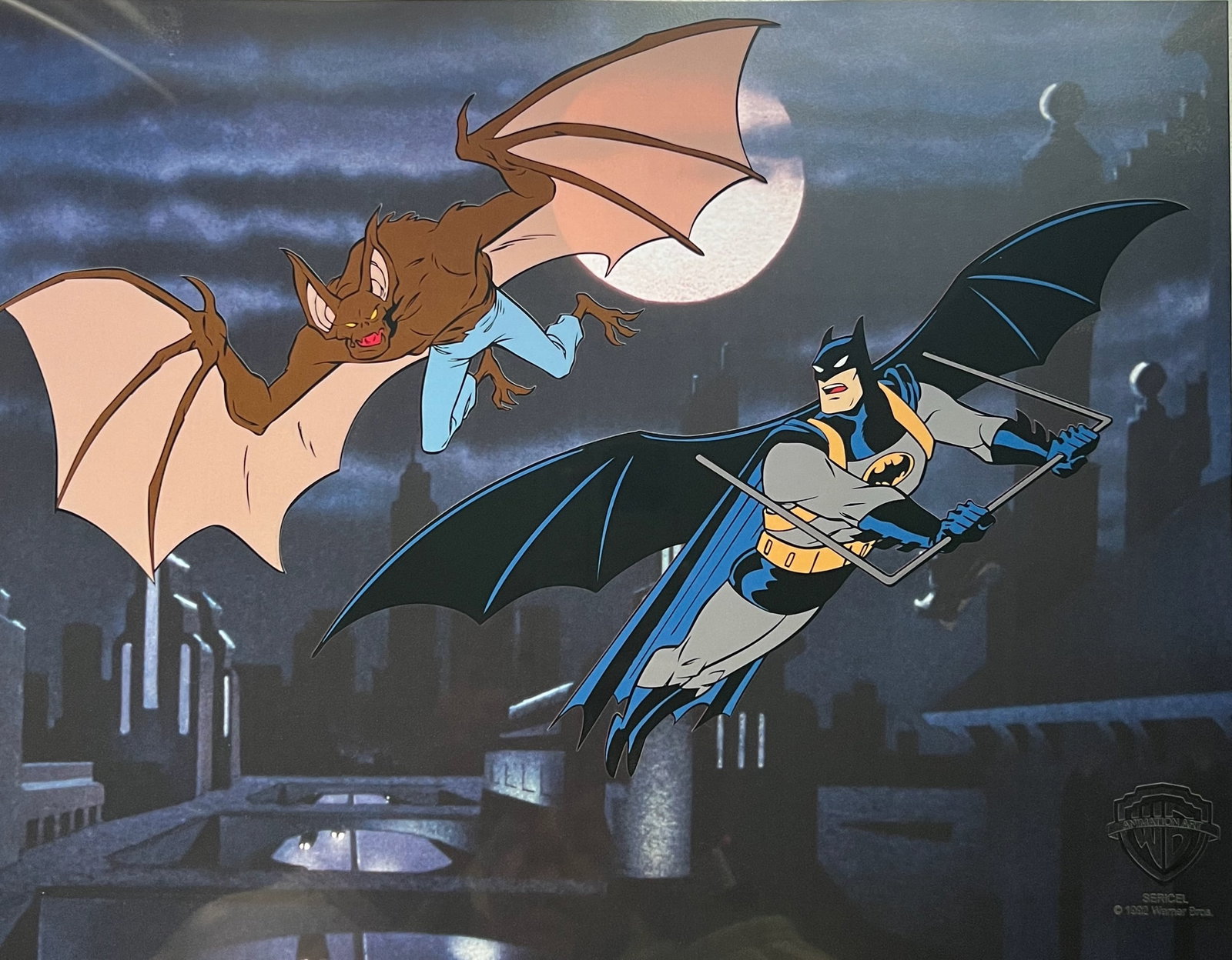 Warner Bros BATMAN VS MAN-BOT Limited Edition Sericel Animation Art Cel: This is a limited edition sericel titled Batman vs Man-Bot. This limited edition animation features Batman and Man-Bot as they appeared the original classic animation. This Cel measures 11 inches x 14