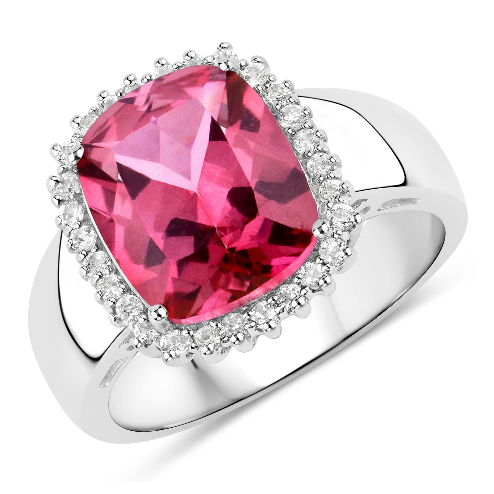 Sterling Silver 4.38ctw Pink and White Topaz Ring: A natural 11×9?mm cushion pink topaz (4.10?ctw) sits at the center, surrounded by twenty?eight 1.20?mm round white topaz accents (0.28?ctw) for a clean halo. The ring totals 4.38?ctw across 29 stones
