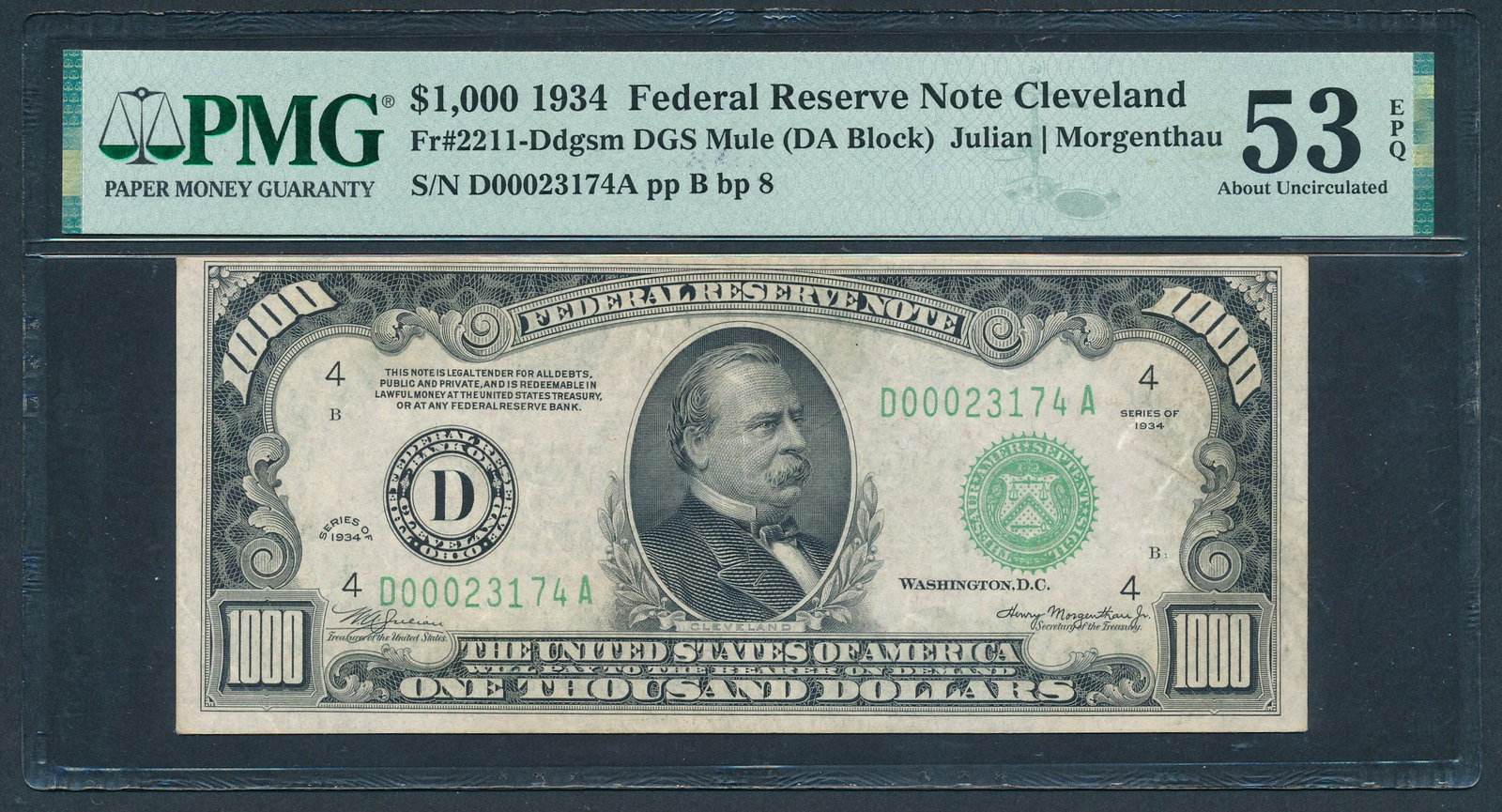 1934 $1000 Cleveland FRN PMG 53EPQ: One 1934 $1000 Cleveland FRN PMG 53EPQ.