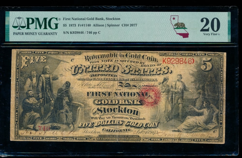 1873 $5 First National Bank Stockton PMG 20: One 1873 $5 First National Bank Stockton PMG 20.