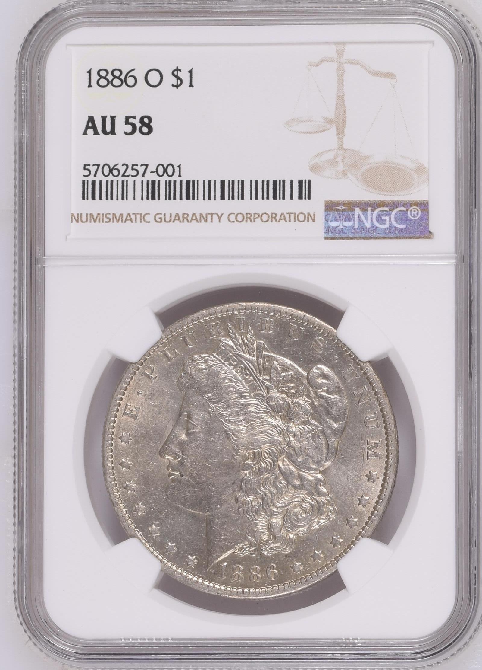 1886-O $1 Morgan Silver Dollar NGC AU58: One 1886-O $1 Morgan Silver Dollar NGC AU58.