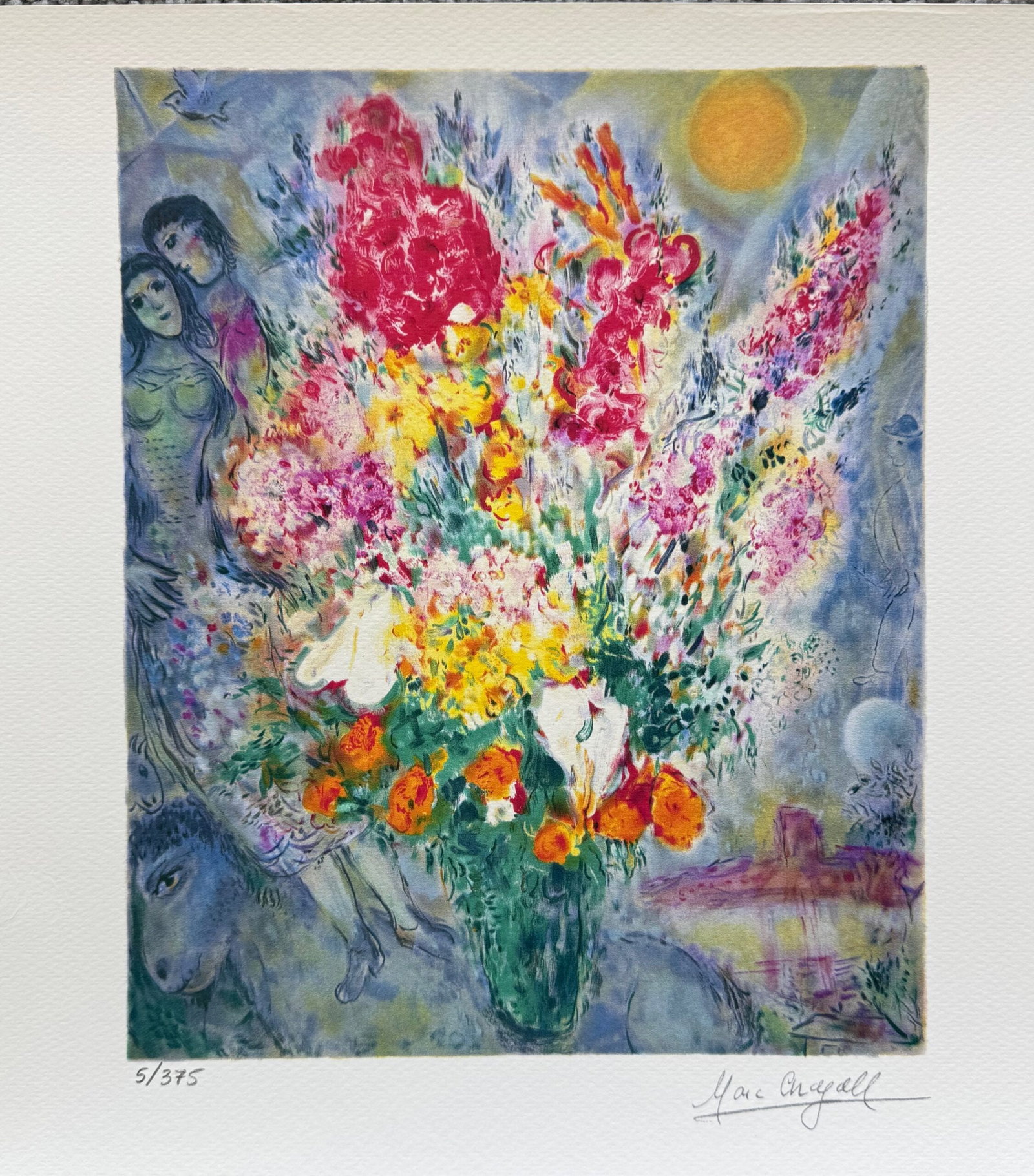 Marc Chagall ORIGINAL BOUQUET Limited Edition Facsimile Signed Giclee: This is a Marc Chagall limited edition extra small giclee titled ORIGINAL BOUQUET. This giclee is facsimile signed on the lower right and is pencil numbered from an edition of 375. Paper measures 12 i