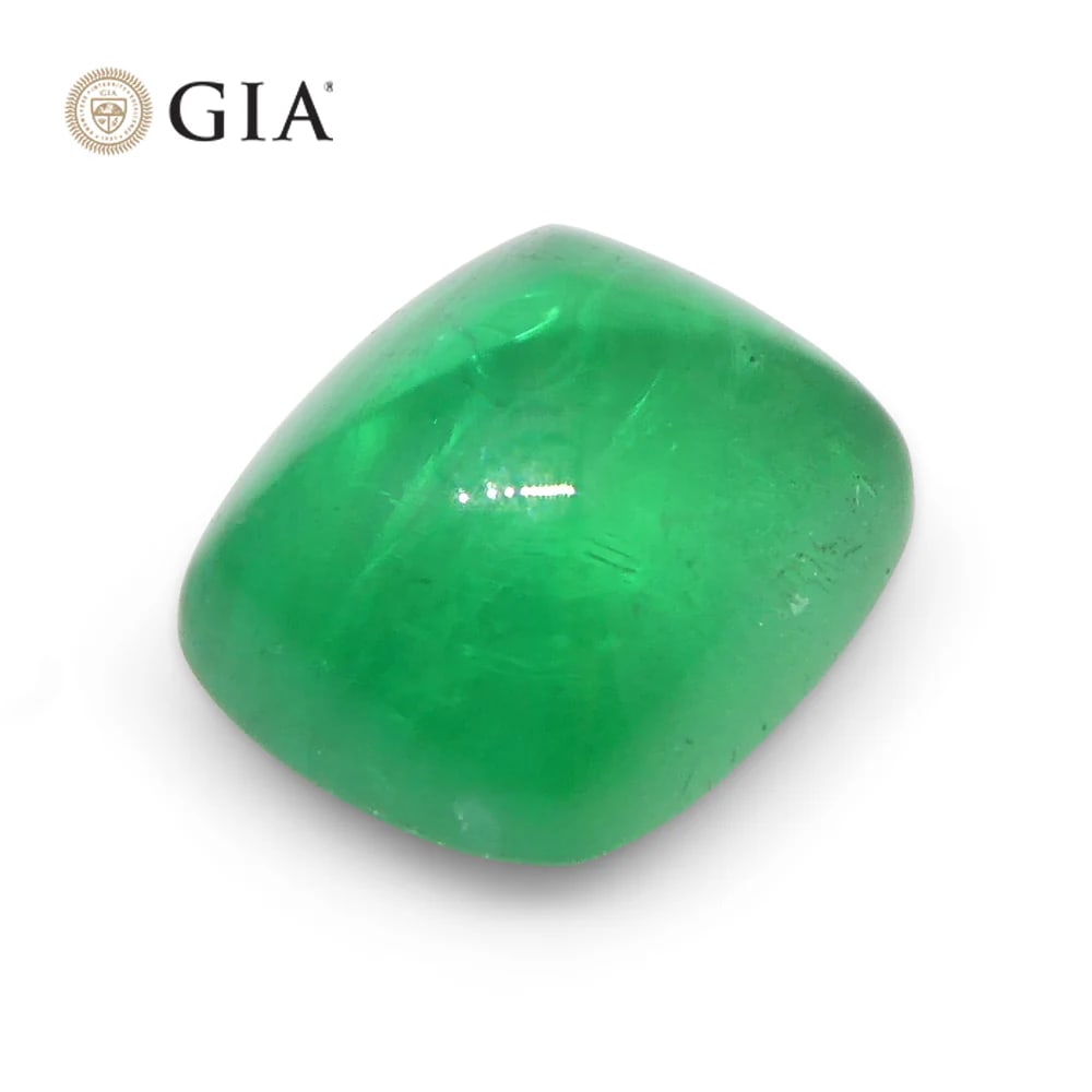 Stunning 1.41 Ct GIA Certified Natural Emerald: Graceful 1.41 Ct Green Emerald is a cushion sugarloaf double cabochon cut measuring 7.11 x 5.99 x 4.50 mm. Reveals strong saturation with a medium tone. Do not miss this precious gem! Origin: Brazil. 