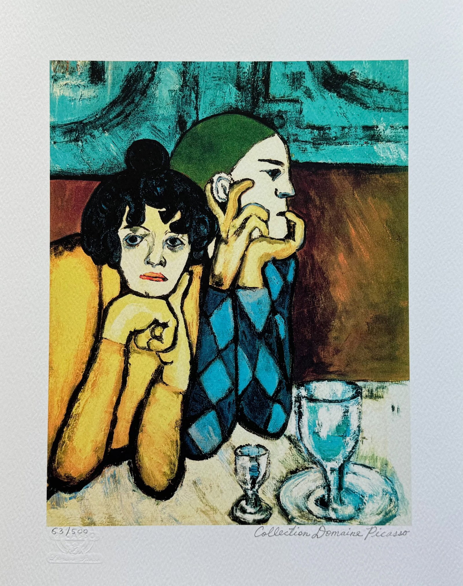Pablo Picasso HARLEQUIN & COMPANION Estate Signed Limited Edition Giclee: This is a PABLO PICASSO (ESTATE COLLECTION DOMAINE) (1881-1973) small giclee titled Harlequin and his Companion. This piece is pencil signed on the lower right as Collection Domaine Picasso and has