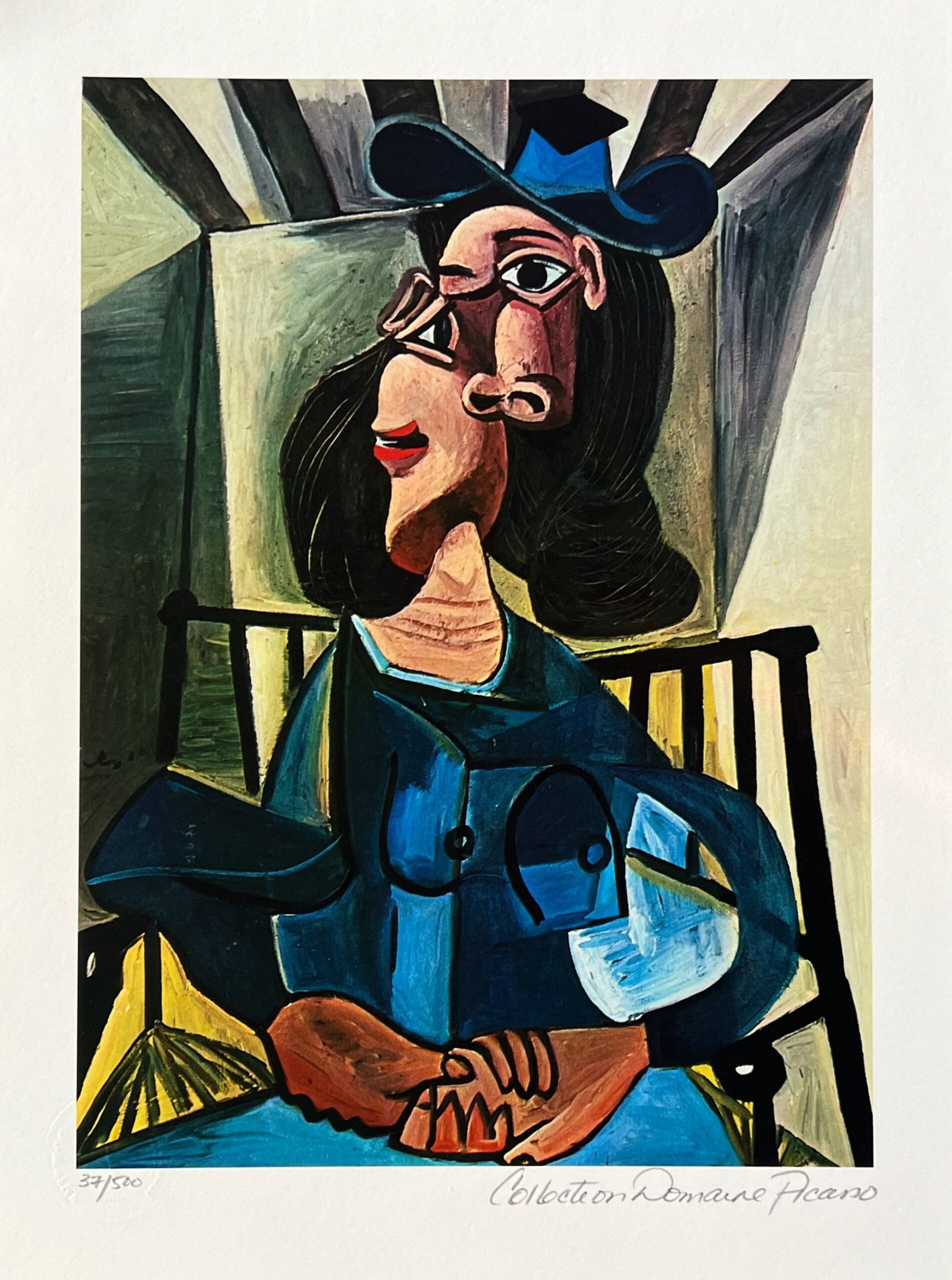 Pablo Picasso WOMAN WITH HAT SEATED IN ARMCHAIR Estate Signed Limited Edition Giclee: This is a PABLO PICASSO (ESTATE COLLECTION DOMAINE) (1881-1973) small giclee titled WOMAN WITH A HAT SEATED IN ARMCHAIR This piece is pencil signed on the lower right as Collection Domaine Picasso and