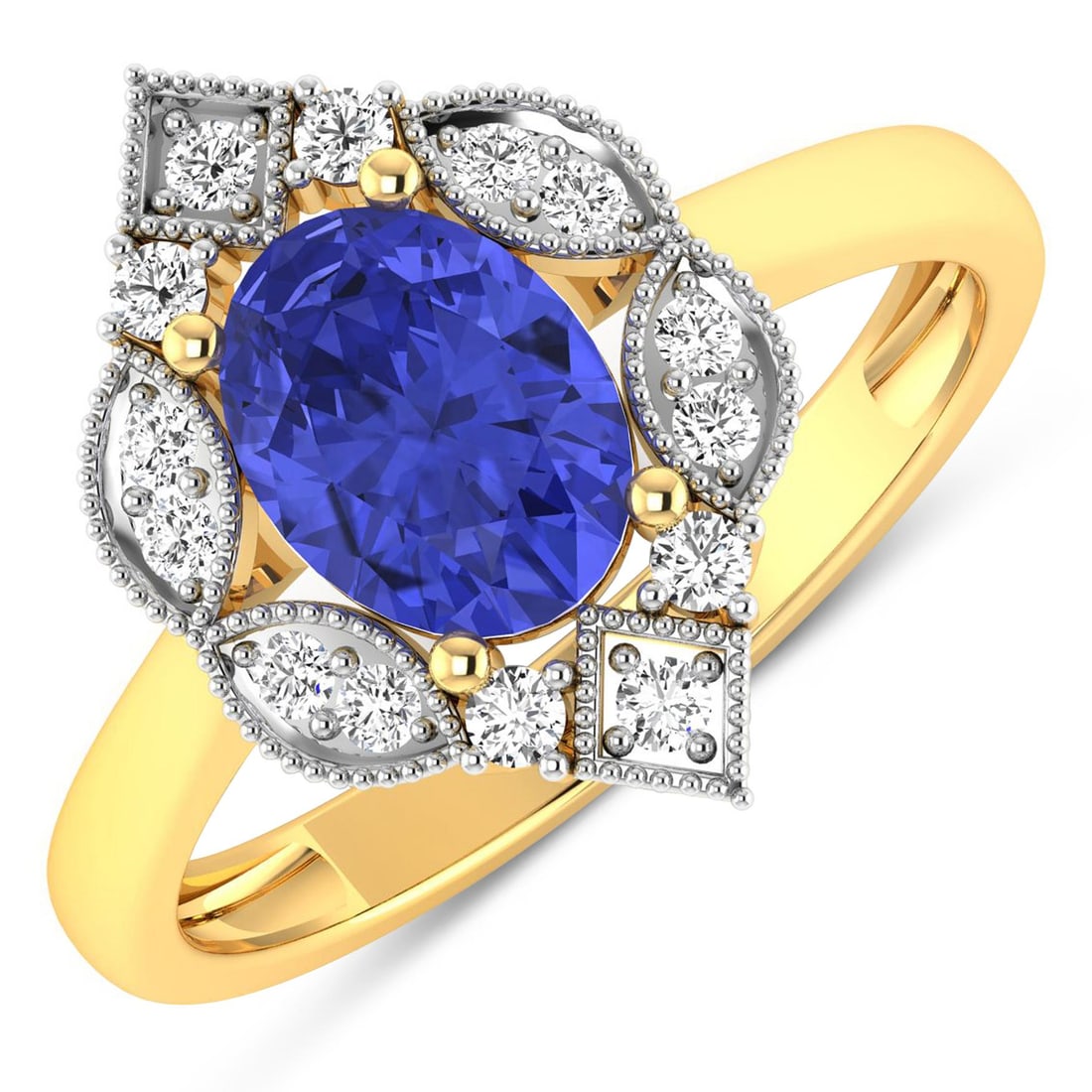 14KT Yellow Gold 1.09ctw Tanzanite and Diamond Ring: Tanzanite (AA+) Oval 8x6mm - 1Pc + White Diamond F/C Round 1.50mm - 14Pcs ( White Pan Rhodium ) ( I1-I2/I color ) Total weight of gemstone is 1.09cts. Total Diamond weight is 0.2cts. Total weight of t