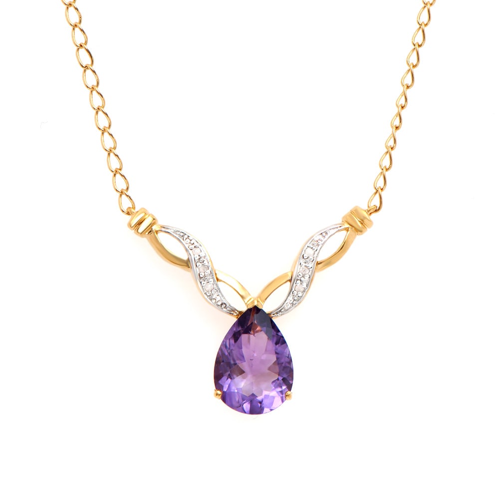 Plated 18KT Yellow Gold 3.55ct Amethyst and Diamond Pendant with Chain: One Plated 18KT Yellow Gold 3.55ct Amethyst and Diamond Pendant with Chain. (1) Amethyst stone measuring 14x9mm. Diamonds with a total weight of 0.05cts. Total weight of this pendant with chain is
