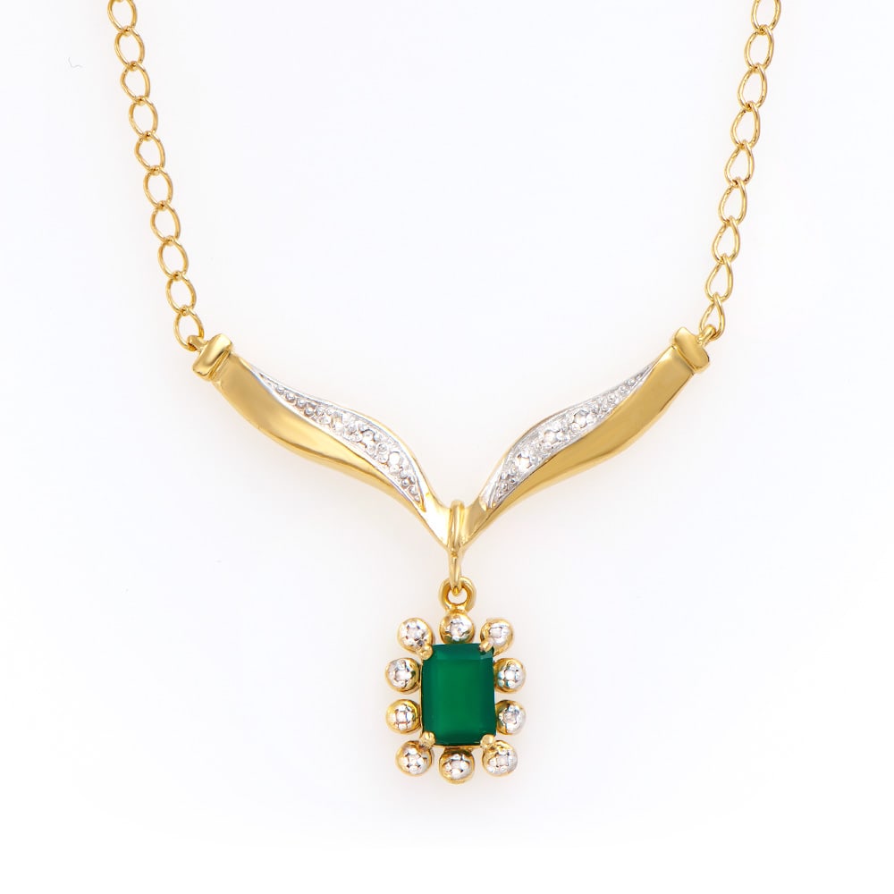 Plated 18KT Yellow Gold 0.80ct Green Agate and Diamond Pendant with Chain: One Plated 18KT Yellow Gold 0.8ct Green Agate and Diamond Pendant with Chain. (1) Emerald-cut Green Agate 7x5mm. Diamonds with a total weight of 0.12cts. Total weight of this pendant with chain is 4.8