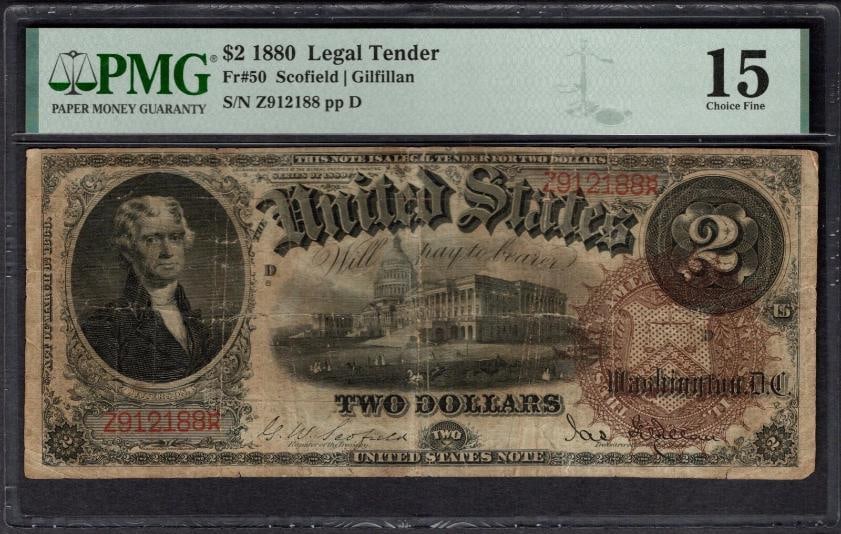 1880 $2 Legal Tender Note PMG 15: One 1880 $2 Legal Tender Note PMG 15.