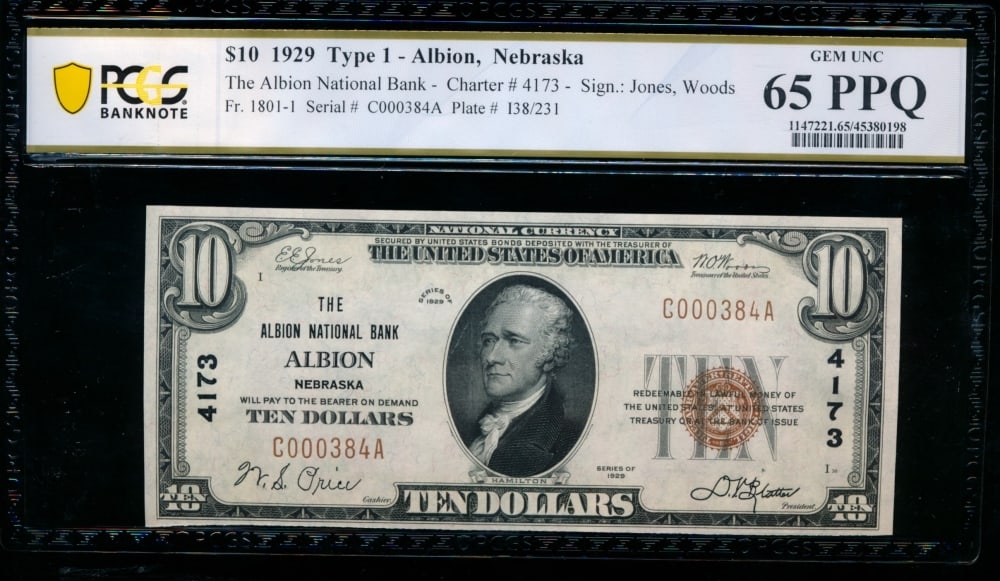 1929 $10 Albion NE National PCGS 65PPQ (1 of 2)