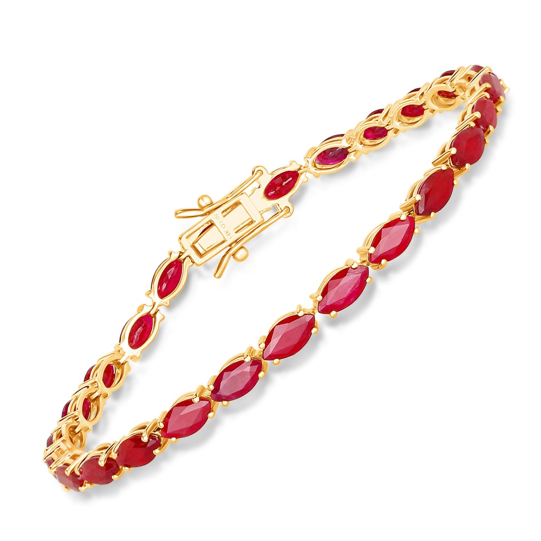 14KT White Gold 9.00ctw Ruby Bracelet: One 14KT Yellow Gold 9.50ctw Ruby Bracelet. 25 Marquise Rubies with a total weight of 9.50cts. Rubies are heat treated. Total length of the bracelet is 7 inches. Total weigh of the bracelet is 8.20 gr