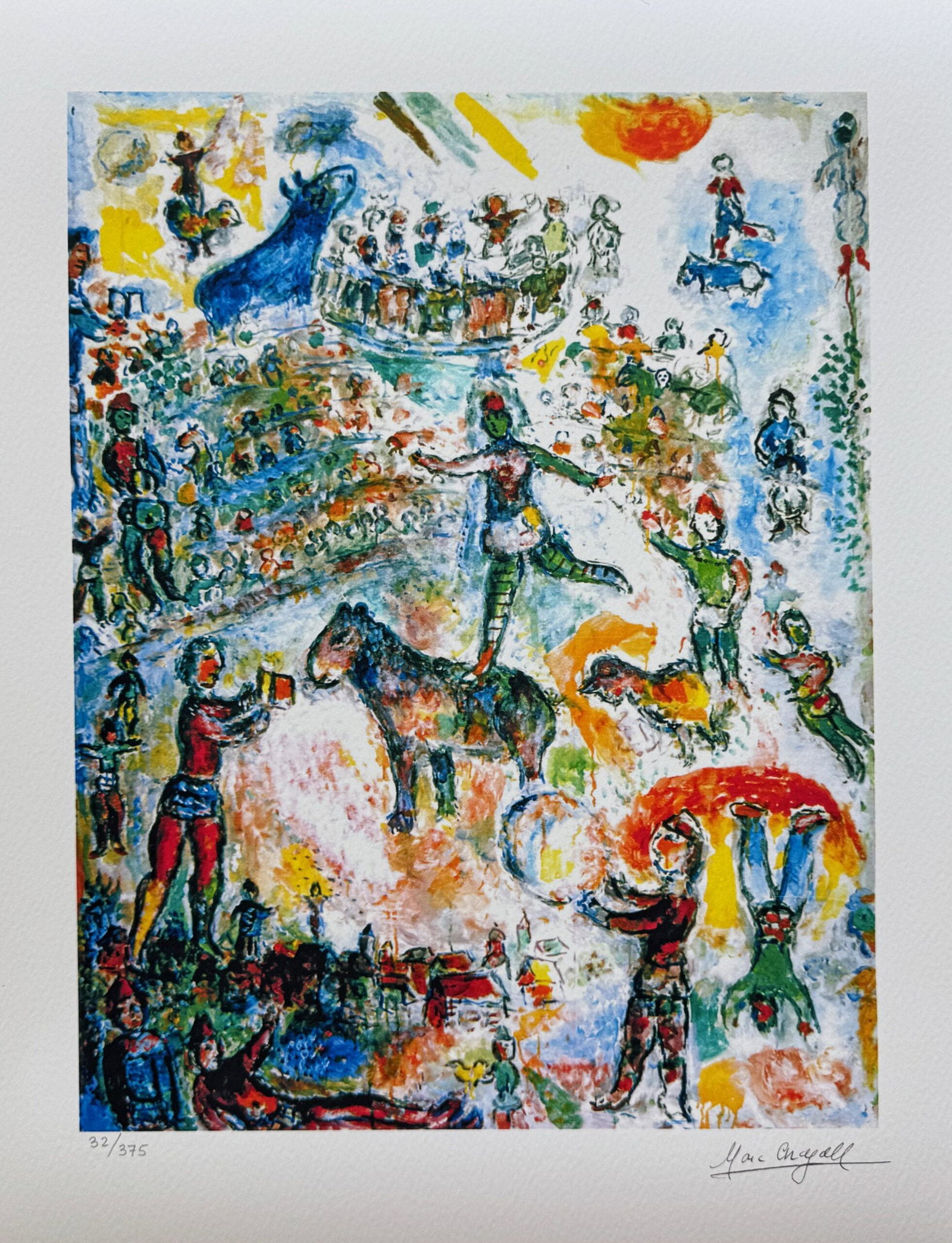 Marc Chagall CIRCUS GRAND Facsimile Signed Limited Edition Giclee: This is a Marc Chagall limited edition small giclee titled CIRCUS GRAND. This giclee is facsimile signed on the lower right and is pencil numbered on the lower left from an edition of 375. Paper measu