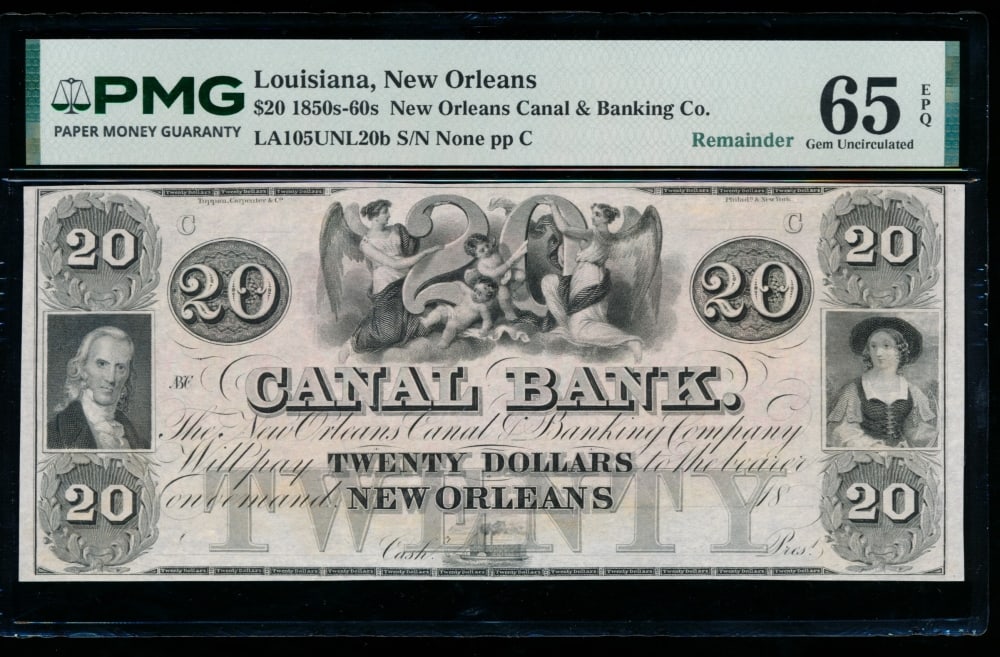1850s $20 New Orleans LA Obsolete Note PMG 65EPQ: One 1850s $20 New Orleans LA Obsolete Note PMG 65EPQ.
