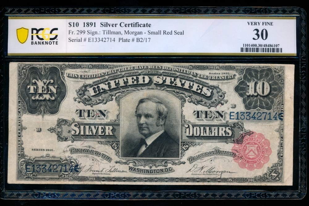 1891 $10 Tombstone Silver Certificate PCGS 30: One 1891 $10 Tombstone Silver Certificate PCGS 30.