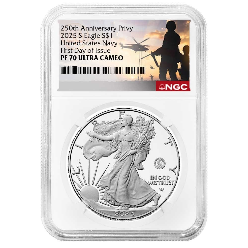 2025-S $1 Proof American Silver Eagle Navy NGC PF70UC: One 2025-S $1 Proof American Silver Eagle Navy NGC PF70UC.