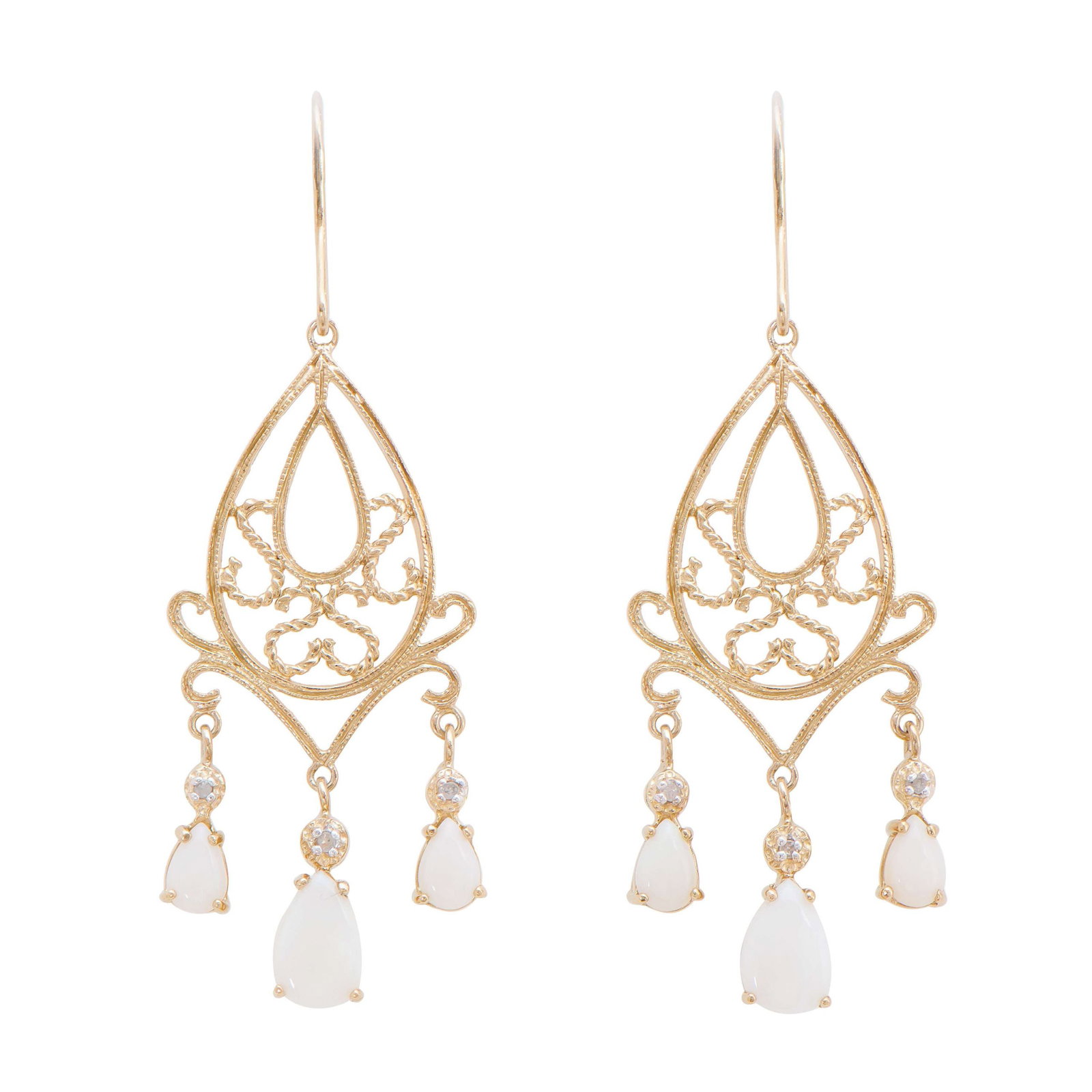Plated 18KT Yellow Gold and Sterling Silver 2.47ctw Opal Earrings: (2) Pear shaped Opals with a total weight of 1.55cts. (4) Pear shaped Opals with a total weight of 0.92cts. (6) round Diamonds with a total weight of 0.06cts with a color of H-I and clarity of i3. Tot