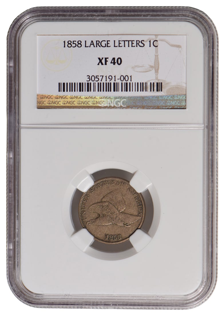 1858 Flying Eagle Cent NGC XF40: One 1858 Flying Eagle Cent NGC XF40.