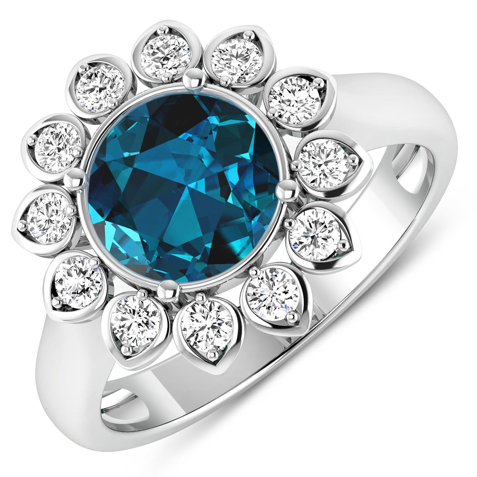 14KT White Gold 2.05ctw London Blue Topaz and Diamond Ring: London Blue Topaz Round 8.00mm - 1Pc + White Diamond F/C Round 2.00mm - 12Pcs ( SI-2/HI ) Total weight of gemstone is 2.05cts. Total Diamond weight is 0.36cts. Total weight of this ring is 3.34 grams.