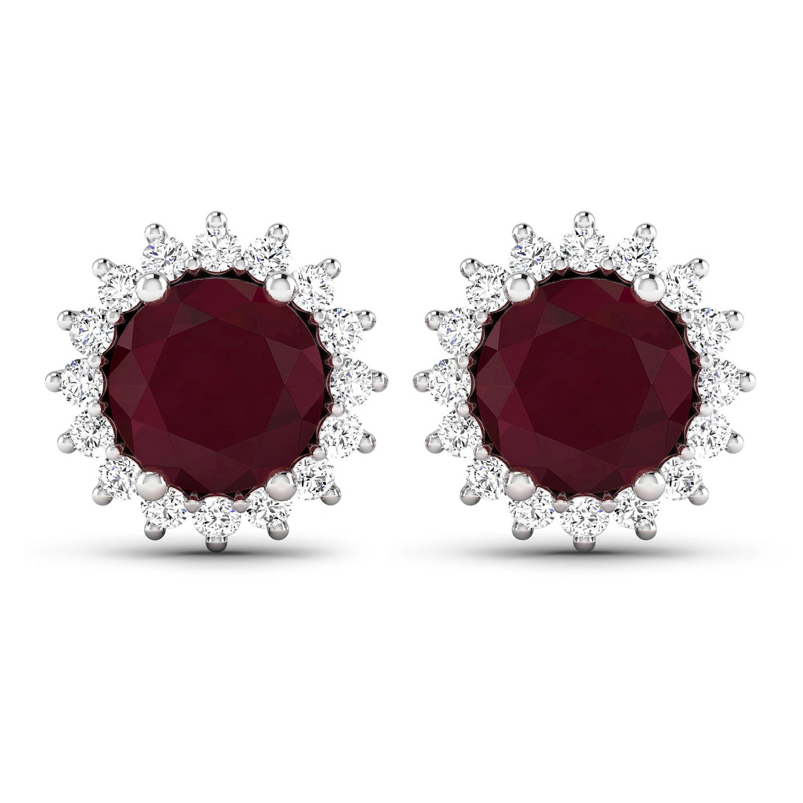 14KT White Gold 2.1ctw Ruby and Diamond Earrings: Ruby (AA) Round 6.00mm - 2Pcs + White Diamond F/C Round 1.30mm - 32Pcs ( Push-Post ) ( I1-I2/I color ) Total weight of gemstones is 2.1cts. Total Diamond weight is 0.32cts. Total weight of these earri