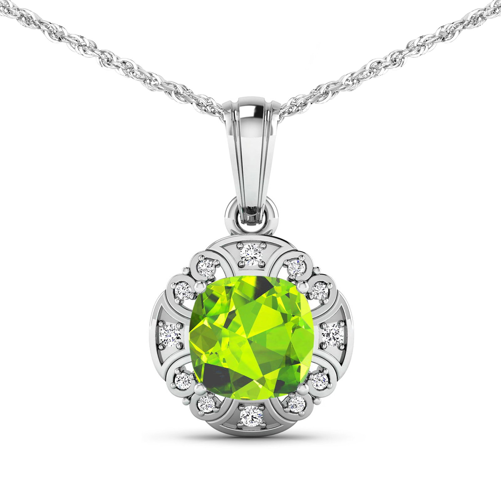 14KT White Gold 2.02ctw Peridot and Diamond Pendant: Peridot Cushion 8.00mm - 1Pc + White Diamond F/C Round 1.50mm - 4Pcs + White Diamond F/C Round 1.00mm - 8Pcs ( SI-2/HI ) Total weight of gemstone is 2.02cts. Total Diamond weight is 0.09cts. Total wei
