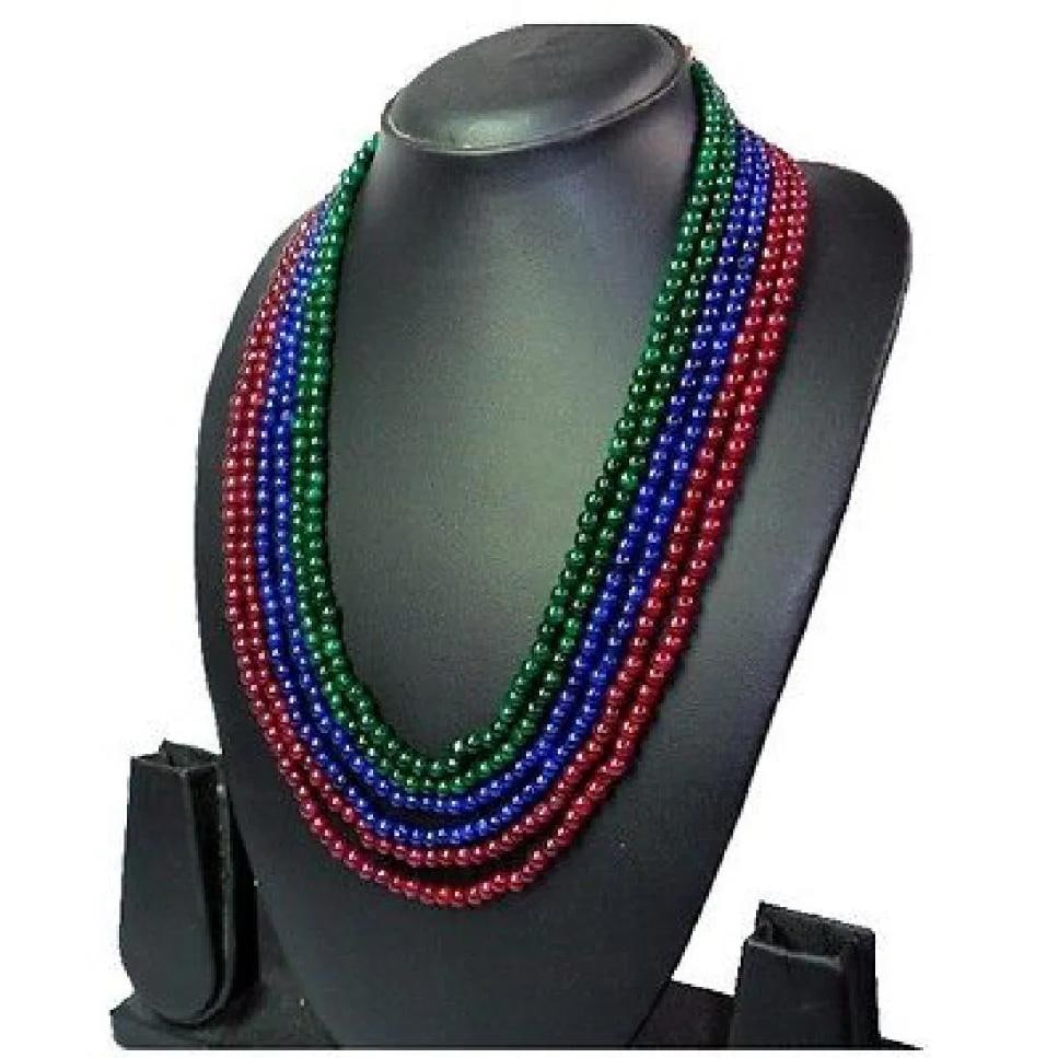 Beautiful 6 Strand Natural Ruby, Emerald and Blue Sapphire Necklace: Beautiful Mined From The Earth 6 Strand Natural Ruby, Emerald and Blue Sapphire Bead Necklace. This necklace features highly polished rubies, emeralds and sapphire polished beads ranging in size from 