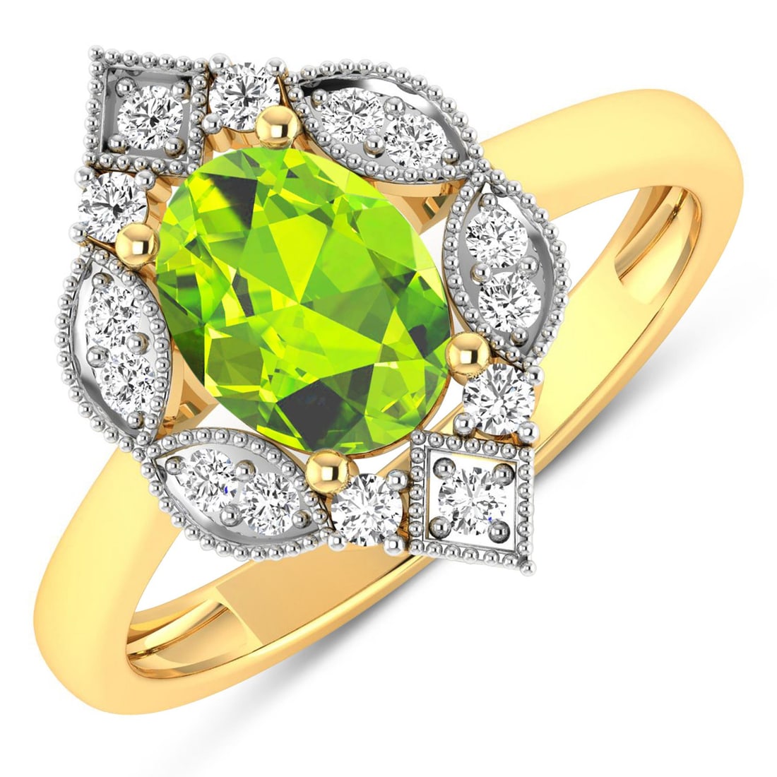 14KT Yellow Gold 1.05ctw Peridot and Diamond Ring: Peridot Oval 8x6mm - 1Pc + White Diamond F/C Round 1.50mm - 14Pcs ( White Pan Rhodium ) ( I1-I2/I color ) Total weight of gemstone is 1.05cts. Total Diamond weight is 0.2cts. Total weight of this ring