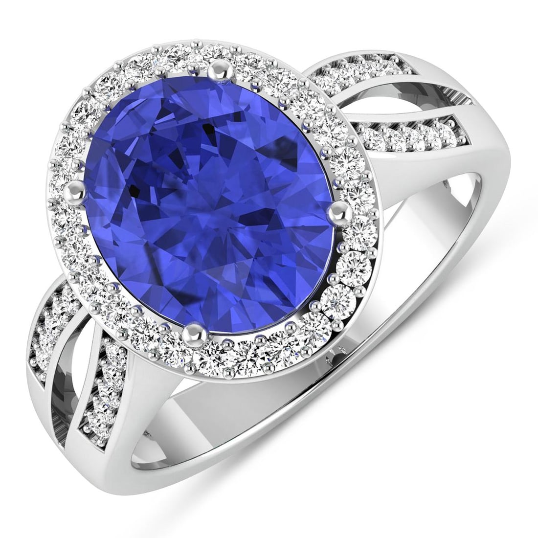 14KT White Gold 3.43ctw Tanzanite and Diamond Ring: Tanzanite (AA+) Oval 11x9mm - 1Pc + White Diamond F/C Round 1.30mm - 26Pcs + White Diamond F/C Round 1.10mm - 20Pcs ( SI-2/HI ) Total weight of gemstone is 3.43cts. Total Diamond weight is 0.39cts. To