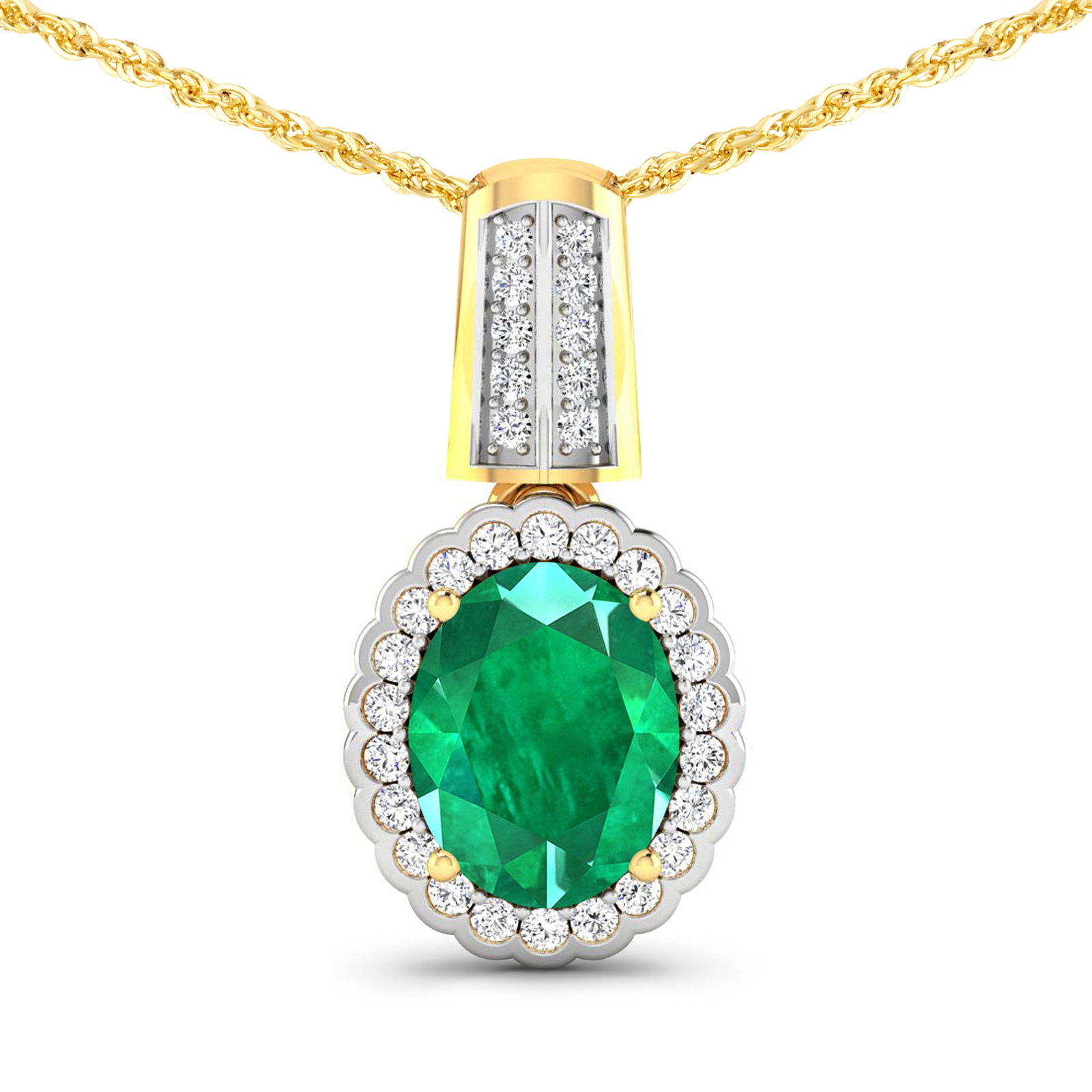 14KT Yellow Gold 1.65ctw Zambian Emerald and Diamond Pendant: Zambian Emerald (AA) Oval 9x7mm - 1Pc + White Diamond F/C Round 1.20mm - 22Pcs + White Diamond F/C Round 1.00mm - 10Pcs (I1-I2/I color) Total weight of gemstone is 1.65cts. Total Diamond weight is 0.2