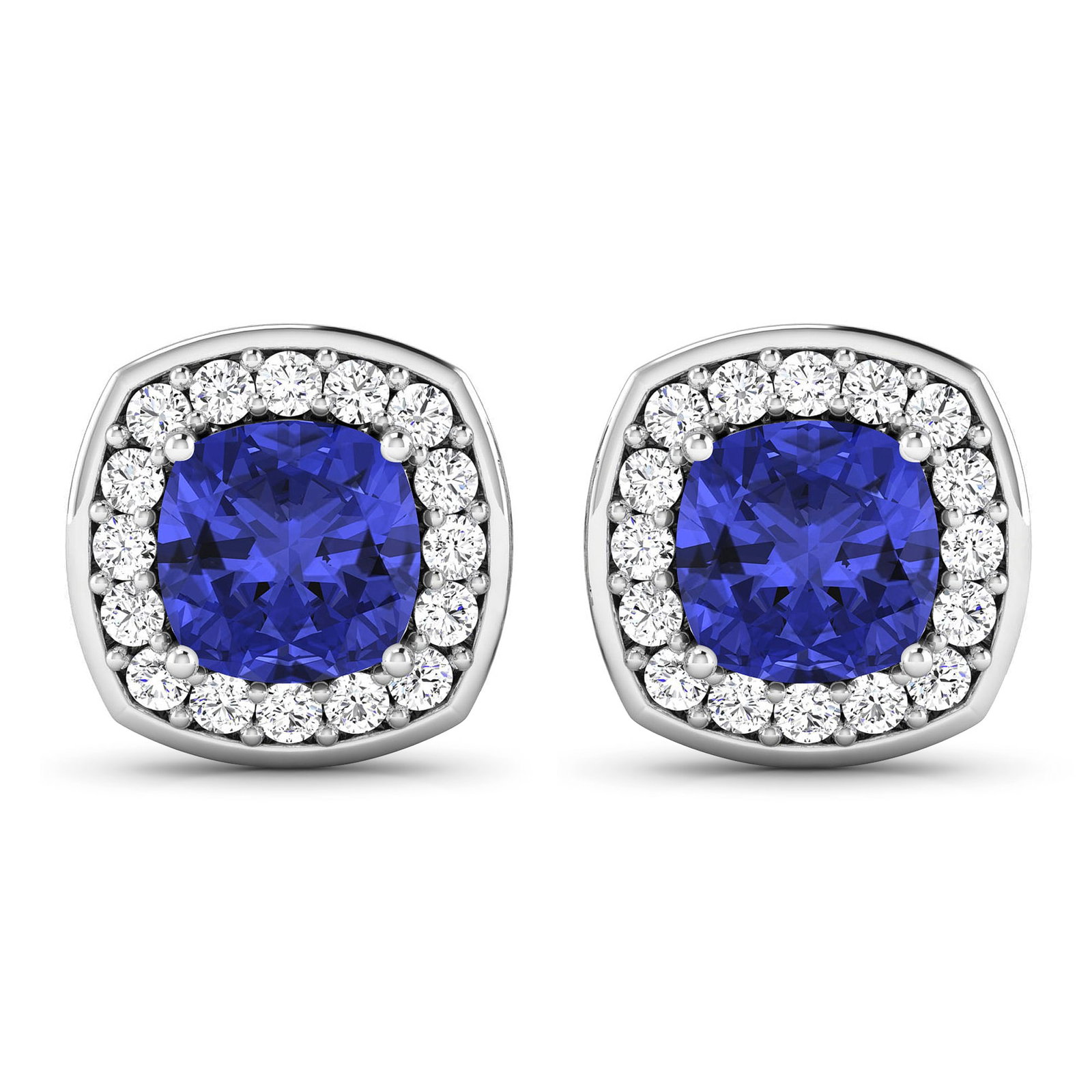 14KT White Gold 1.64ctw Tanzanite and Diamond Earrings: Tanzanite (AA+) Cushion 6.00mm - 2Pcs + White Diamond F/C Round 1.50mm - 32Pcs ( Diamond Quality : SI-2/HI ) ( Push Post ) Total weight of gemstones is 1.64cts. Total Diamond weight is 0.44cts. Total 