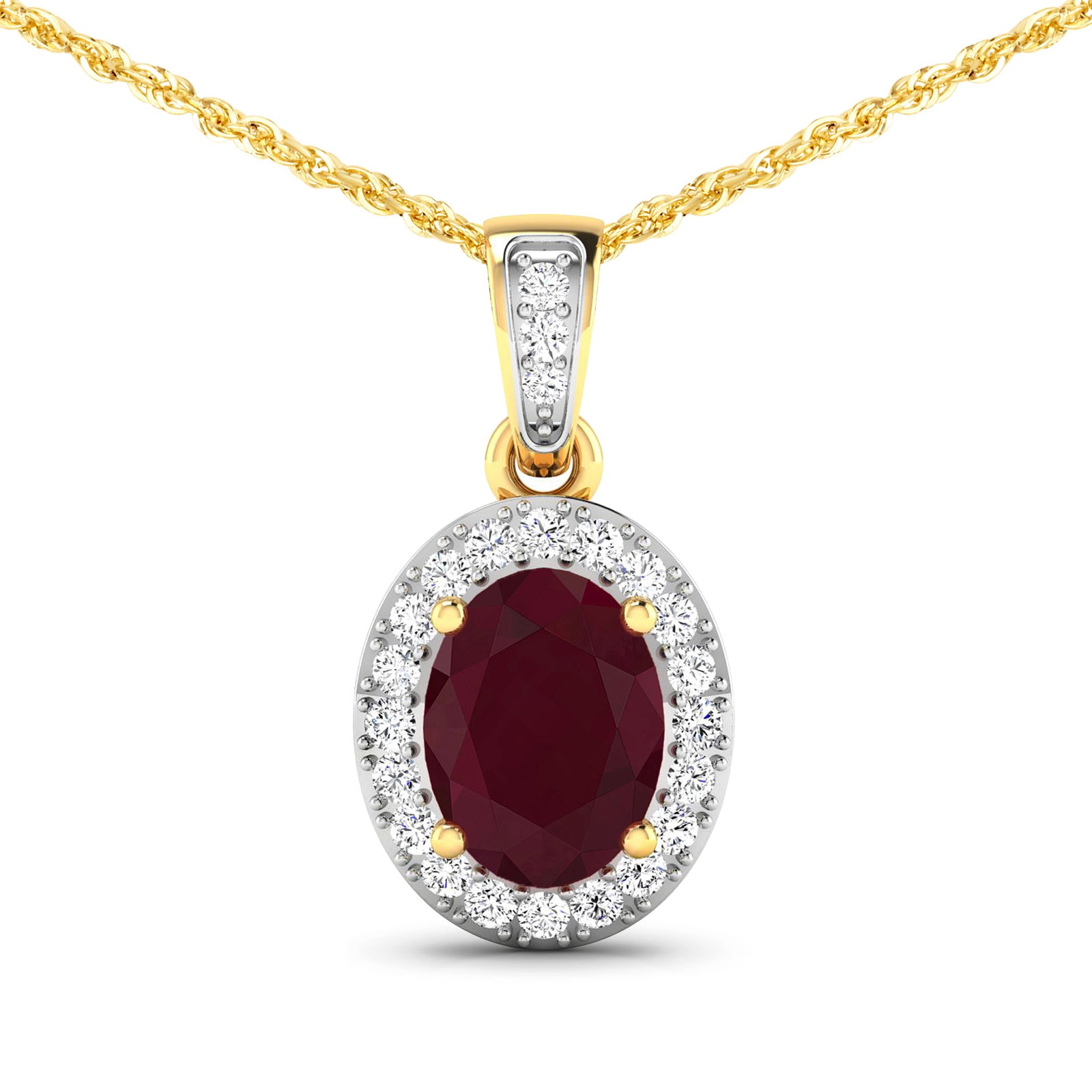 14KT Yellow Gold 1.50ct Ruby and Diamond Pendant with Chain: 1 Ruby with a total weight of 1.50cts. Ruby (AA) Oval 8x6mm - 1Pc + White Diamond F/C Round 1.20mm - 22Pcs + White Diamond F/C Round 1.10mm - 1Pc ( I1-I2/I color ). Diamonds with a total weight of 0.1