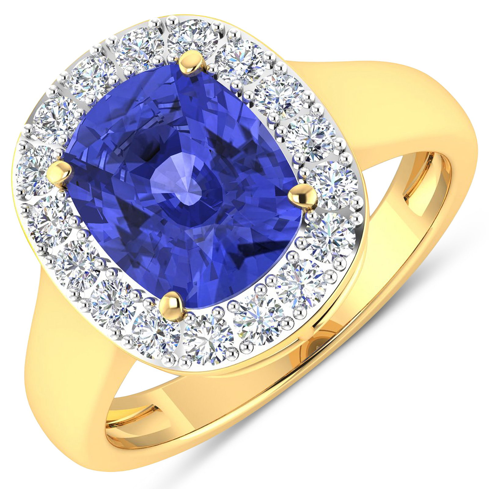14KT Yellow Gold 2.9ct Tanzanite and Diamond Ring: Tanzanite (AA+) Cushion 10x8mm - 1Pc + White Diamond F/C Round 2.00mm - 17Pcs ( White Pan Rhodium ) ( Diamond Quality : SI-2/HI ). Total weight of gemstone is 2.9cts. Total weight of Diamonds is 0.51c