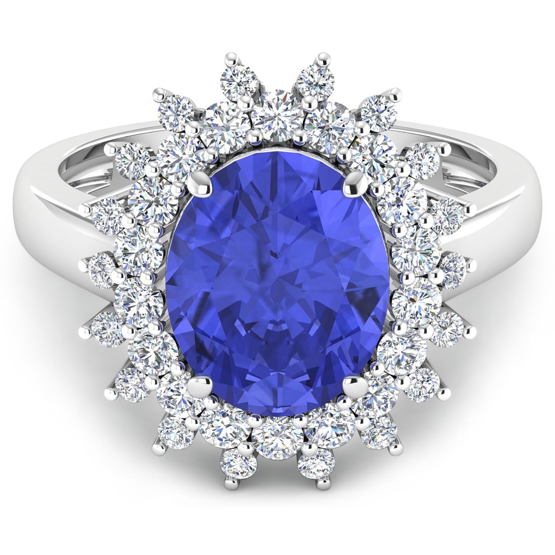 14KT White Gold 3.43ct Tanzanite and Diamond Ring: 1 Tanzanite stone with a total weight of 3.43cts. Tanzanite (AA+) Oval 11x9mm - 1Pc + White Diamond F/C Round 2.00mm - 18Pcs + White Diamond F/C Round 1.50mm - 18Pcs ( Diamond Quality : SI-2/HI ). Tot